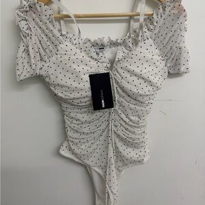 Fashion Nova White and Black Dotted Ruched Bodysuit